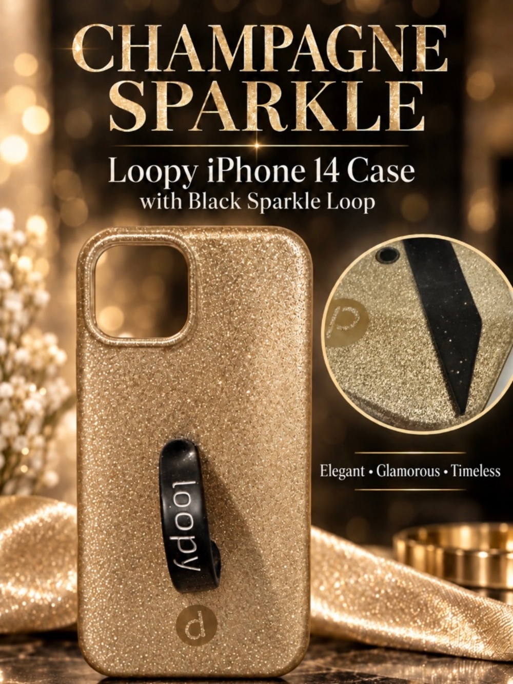 Loopy iPhone 14 Champagne Sparkle Case + Black Glittler Loop